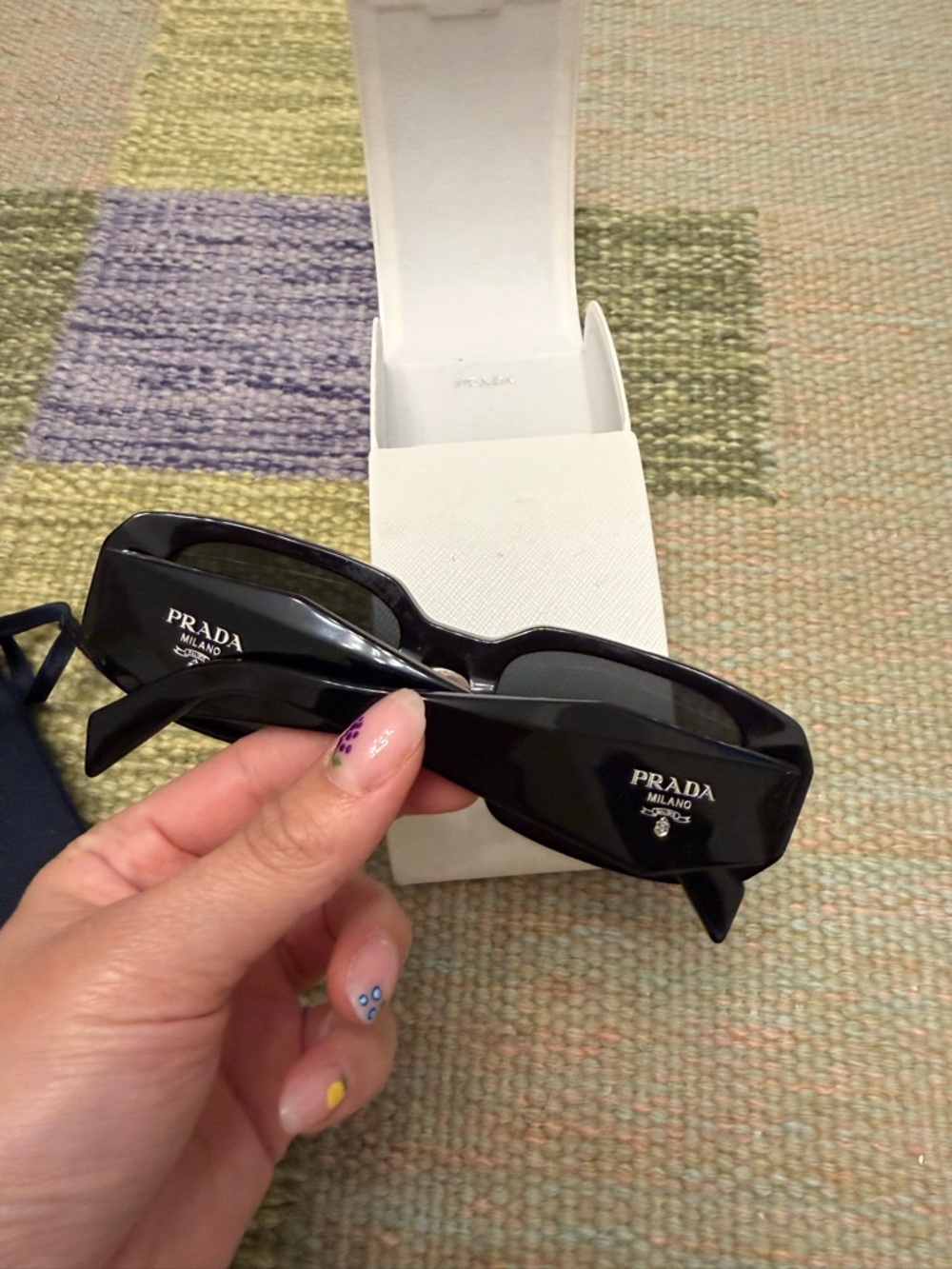 Prada Black Gloss Rectangular Sunglasses with Logo